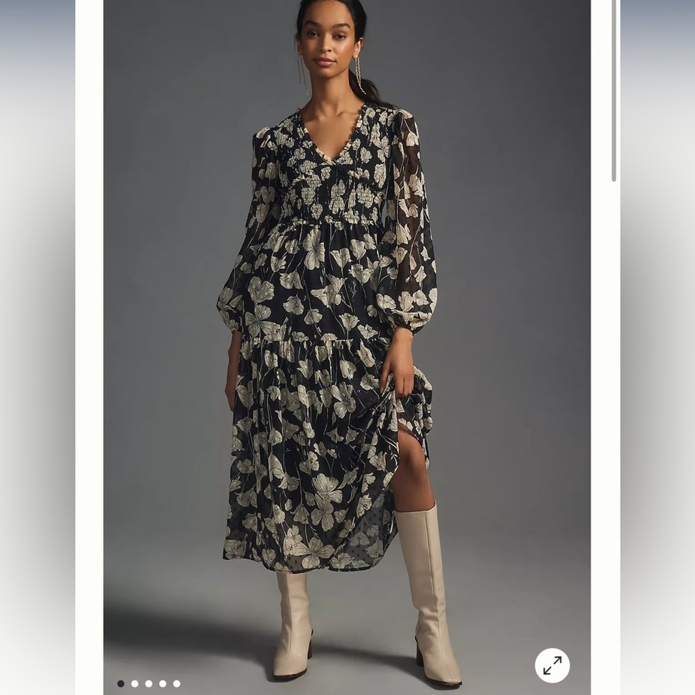 Moon River Tiered Smocked V-neck Floral Maxi Dress black and cream